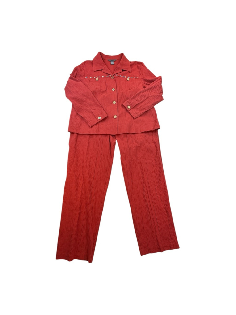 Koret Vintage 2 Piece Red Linen Blend Pantsuit Size 18 Embellished Jacket
